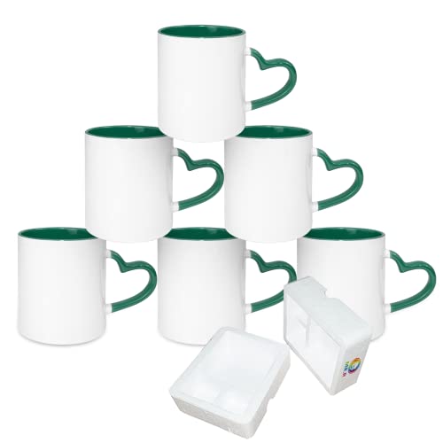 MR.R Sublimationstassen aus Keramik für Spülmaschinen, blanko, beschichtete Tasse, Sublimationstassen, klassische Tasse mit dunkelgrünem Innenbecher und Herzgriff, 334 ml, 6er-Set von MR.R