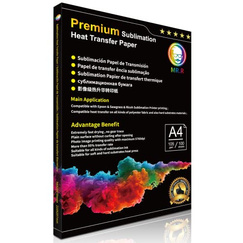 MR.R remium-Sublimations-Wärmeübertragungspapier 105 g/m² 100 Blatt Sowohl für Polyestergewebe als auch für harte, steife Substratmaterialien Geeignet für Sublimationstintendrucker (A4X100) von MR.R