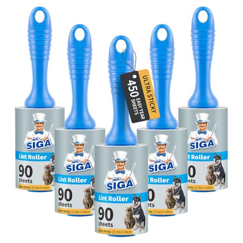 MR.SIGA Extra Sticky Lint Roller,Fusselrolle Fusselentferner Tierhaar-Fusselroller mit einfachen Aufreißblättern, 450 Blatt insgesamt, 5er-Pack, Blau von MR.SIGA