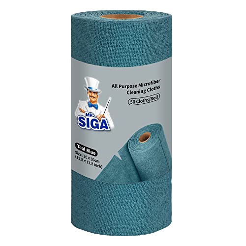 MR.SIGA Mikrofaser Reinigungstücher Rolle, fusselfreie Putztuchrolle, wiederverwendbar Lappe für Küche und Fenster, 50 Stücke pro Rolle, türkis von MR.SIGA