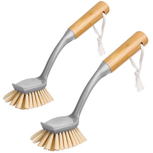 MR.SIGA Radial-Spülbürste mit langem Bambusgriff, eingebauter Schaber, Scheuerbürste Topfbürste für Pfannen, Töpfe, Spülenreinigung, 2er-Pack von MR.SIGA