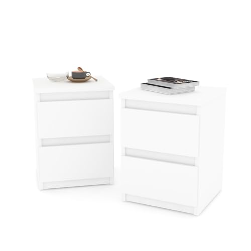 MRBLS_HOME Nachttisch 2er Set Nachtschrank Nachtkommode Modern Möbel mit Schubladen Kommode Holz Schubladenschrank für Ihr Schlafzimmer (Weiß Matt) – 30 x 43 x 32,5 cm (B/H/T) von MRBLS_HOME