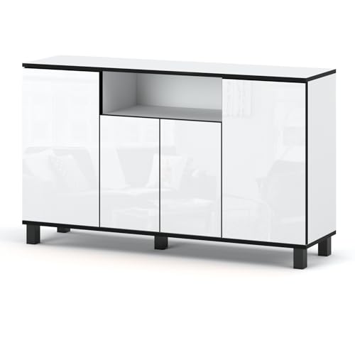 MRBLS_HOME Skandinavische Kommode - Sideboard Holz 140x80x35 cm (B/H/T) für Wohnzimmer, Flur oder als Kommode Schlafzimmer - Minimalistisches Design - Hohe Qualität (Weiß Matt - Weiß Glanz) von MRBLS_HOME