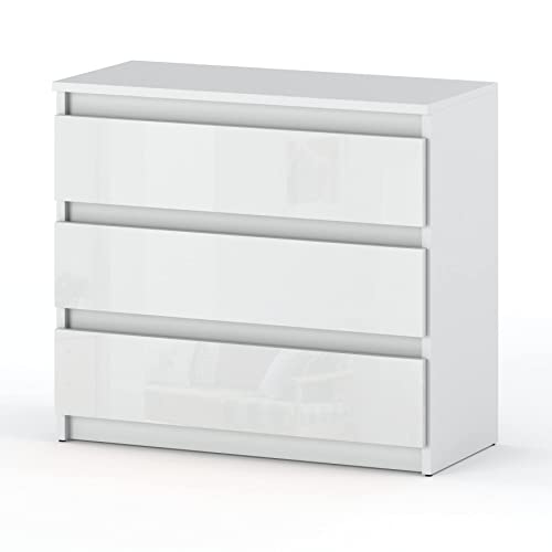 MRBLS Kommode mit 3 Schubladen Sideboard Schubladenschrank Kleiderschrank Modern Möbel mit Schubladen für Ihr Schlafzimmer (Weiß Matt - Weiß Glanz) – 80 x 71,5 x 33,5 cm (B/H/T) von MRBLS_HOME