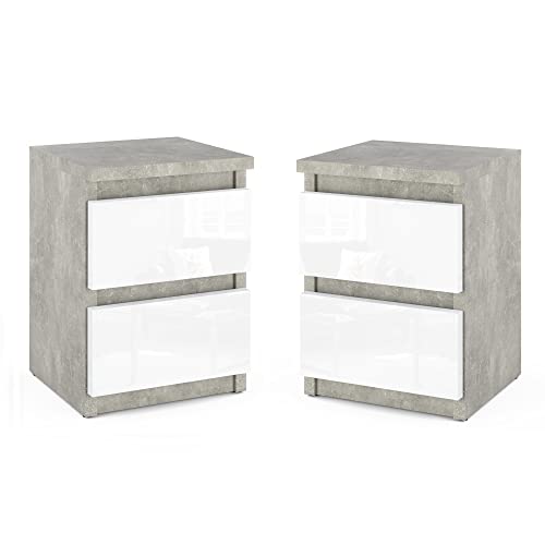 MRBLS Nachttisch 2er Set Nachtschrank Nachtkommode Modern Möbel mit Schubladen Kommode Holz Schubladenschrank für Ihr Schlafzimmer (Beton - Weiß Glanz) – 30 x 40 x 30 cm (B/H/T) von MRBLS_HOME