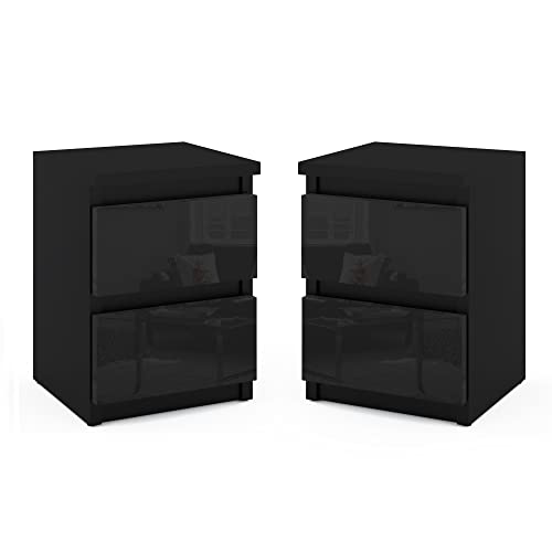 MRBLS Nachttisch 2er Set Nachtschrank Nachtkommode Modern Möbel mit Schubladen Kommode Holz Schubladenschrank für Ihr Schlafzimmer (Schwarz Matt - Schwarz Glanz) – 30 x 40 x 30 cm (B/H/T) von MRBLS_HOME