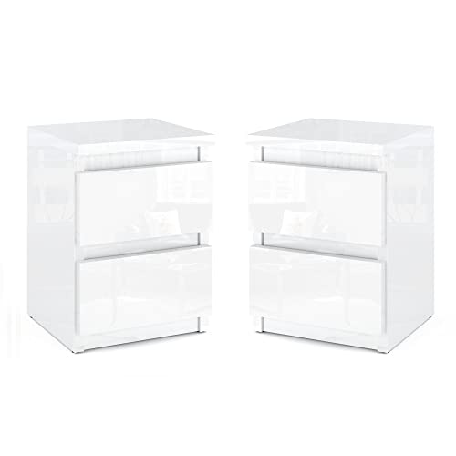 MRBLS Nachttisch 2er Set Nachtschrank Nachtkommode Modern Möbel mit Schubladen Kommode Holz Schubladenschrank für Ihr Schlafzimmer (Weiß Glanz) – 30 x 43 x 32,5 cm (B/H/T) von MRBLS_HOME