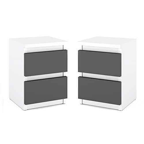MRBLS Nachttisch 2er Set Nachtschrank Nachtkommode Modern Möbel mit Schubladen Kommode Holz Schubladenschrank für Ihr Schlafzimmer (Weiß Matt - Grau Matt) – 30 x 43 x 32,5 cm (B/H/T) von MRBLS_HOME