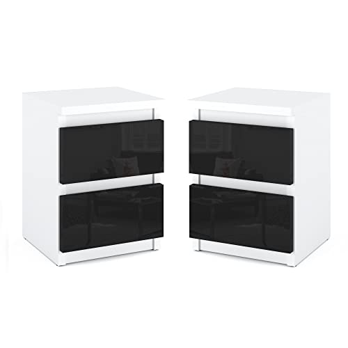 MRBLS Nachttisch 2er Set Nachtschrank Nachtkommode Modern Möbel mit Schubladen Kommode Holz Schubladenschrank für Ihr Schlafzimmer (Weiß Matt - Schwarz Glanz) – 30 x 40 x 30 cm (B/H/T) von MRBLS_HOME