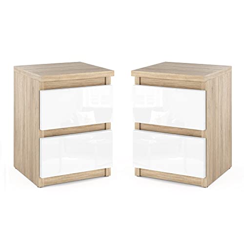 MRBLS Nachttisch 2er Set Nachtschrank Nachtkommode Modern Möbel mit Schubladen Kommode Holz Schubladenschrank für Ihr Schlafzimmer (Sonoma - Weiß Glanz) – 30 x 40 x 30 cm (B/H/T) von MRBLS_HOME