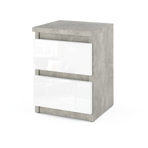 MRBLS Nachttisch Nachtschrank Nachtkommode Modern Möbel mit Schubladen Kommode Holz Schubladenschrank für Ihr Schlafzimmer (Beton - Weiß Glanz) – 30 x 40 x 30 cm (B/H/T) von MRBLS_HOME
