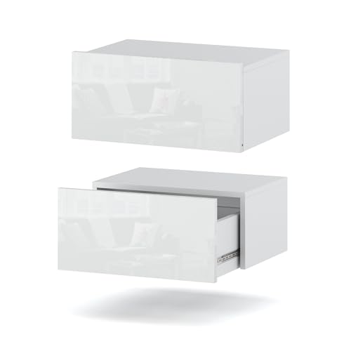 MRBLS Nachttisch Wandmontage 2er Set - Nachttischschrank Hängend - Modernes Design Wandschublade - Nachttisch Wand – Loft Nachtschrank - Wandregal Mit Schublade (Weiß Glanz) – 45 x 19 x 32 cm (B/H/T) von MRBLS_HOME