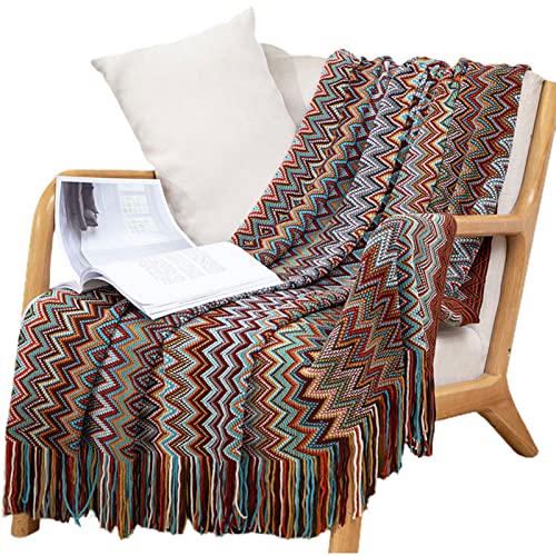 MRBRON Boho Tagesdecke mit Quaste Doppelseitig Gewebte Decke Couchdecke Sesseldecke Wendedecke für Fernsehen oder Nap auf dem Stuhl (Rotwein,130x230CM) von MRBRON