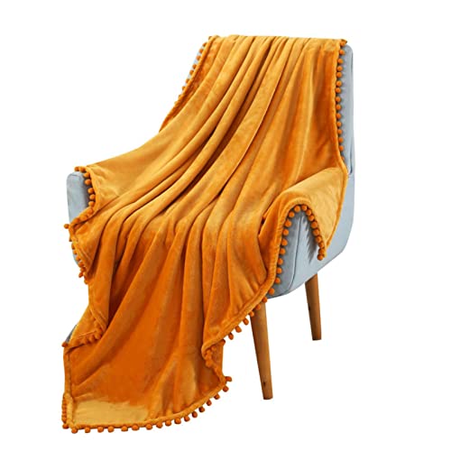 MRBRON Flanell Decke Kuscheldecke mit Pompom Einfarbig Wohndecken Couchdecke Leichte Couchdecke Fleecedecke Tagesdecke für Couch Sofa Bett Schlafzimmer (Orange,150X200cm) von MRBRON