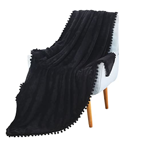 MRBRON Flanell Decke Kuscheldecke mit Pompom Einfarbig Wohndecken Couchdecke Leichte Couchdecke Fleecedecke Tagesdecke für Couch Sofa Bett Schlafzimmer (Schwarz,150X200cm) von MRBRON