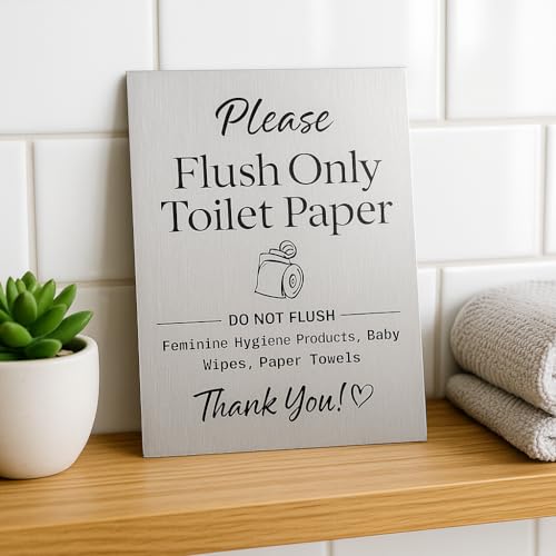 Schild mit Aufschrift "Flush Only Toilet Paper - Do Not Flush Wipes or Feminine Hygiene Products", gebürstetes Aluminium, ideal für Hotels und Ferienwohnungen (gebürstetes Aluminium, 8,9 x 12,7 cm) von MRC Wood Products