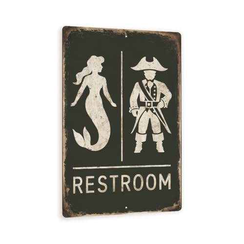 Vintage-Stil "Toilette" Schild – humorvolle Meerjungfrau und Piraten-Wanddekoration – rustikales Used-Look von MRC Wood Products