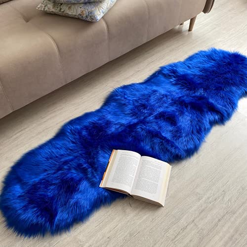 MRDANVAL Blauer Fellteppich für Schlafzimmer,Premium weicher Kunstfell-Teppich für Wohnzimmer,Großer blauer Zottelteppich,Weicher Fellbereich Teppich (2x6 Fuß Schaffell, Blau) von MRDANVAL