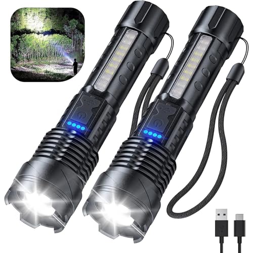 MRDEER Wiederaufladbare LED-Taschenlampe, extrem helle zoombare taktische Taschenlampe mit 7 Beleuchtungsmodi, IPX6 wasserdichte Taschenlampe für Camping, Outdoor, Angeln, Notfall (2 Stk) von MRDEER