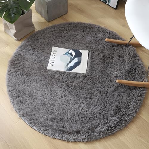 MREGLHUI Rund Teppiche Hochflor Rund Teppich Wohnzimmer Langflor Teppiche Für Wohnzimmer Flauschig Shaggy Schlafzimmer Bettvorleger Drinnen Teppiche, Waschbarer, Rutschfester,Grau,80cm/31.5in von MREGLHUI