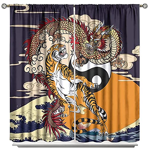 MRFSY Drachen Vorhänge, Ukiyo Stil Dragons und Tiger auf den großen Wellen in Japan Verdunkelungsvorhänge für Schlafzimmer, Fenster, wärmeisoliert, Raumverdunkelungsvorhänge 2 Paneele 132 x 213 cm von MRFSY