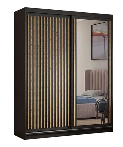 Kleiderschrank DART mit Lamellen und Spiegel inklusive 2 Schiebetüren Schwebetürenschrank ((schwarz, schwarz, Lamelle artisan), 120 cm) von MRGROUP
