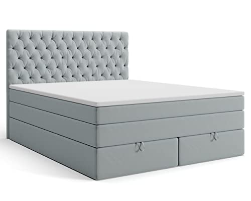 MRGROUP Boxspringbett mit Bettkasten Lyon 180 x 200 cm, hellgrau Samtstoff, Polsterbett mit Bonell-Matratze und Topper Doppelbett mit Stauraum Bett für Schlafzimmer Gepolstertes Kopfteil Härtegrad H3 von MRGROUP