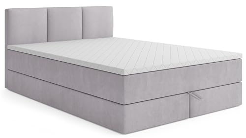 MRGROUP Boxspringbett mit Bettkasten RYGA 180 x 200 cm, Samtstoff, Polsterbett mit Bonell-Matratze und Topper, Doppelbett mit Stauraum, Bett für Schlafzimmer, Gepolstertes Kopfteil, H3, hellgrau von MRGROUP