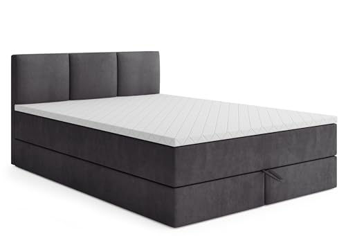 MRGROUP Boxspringbett mit Bettkasten RYGA 180 x 200 cm, Samtstoff, Polsterbett mit Bonell-Matratze und Topper, Doppelbett mit Stauraum, Bett für Schlafzimmer, Gepolstertes Kopfteil, H3, dunkelgrau von MRGROUP