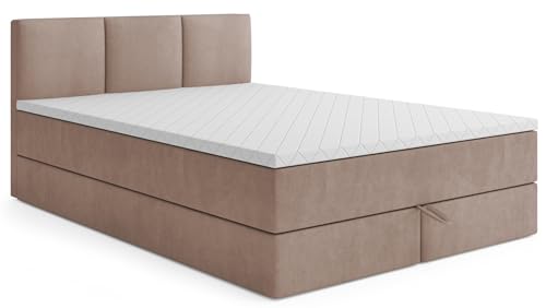 MRGROUP Boxspringbett mit Bettkasten RYGA 120 x 200 cm, Samtstoff, Polsterbett mit Bonell-Matratze und Topper, Doppelbett mit Stauraum, Bett für Schlafzimmer, Gepolstertes Kopfteil, H3, beige von MRGROUP