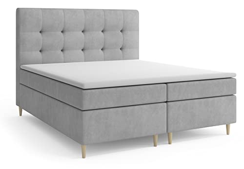 MRGROUP Boxspringbett mit Bettkasten Oslo 180 x 200 cm, Samtstoff, Polsterbett mit Bonell-Matratze und Topper, Doppelbett mit Stauraum, Bett für Schlafzimmer, Gepolstertes Kopfteil, H3, hellgrau von MRGROUP