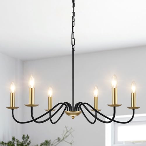 MRHYSWD 6 Flammig Kronleuchter Gold Schwarz Hängeleuchte Modern Vintage Kronleuchter Für Wohnzimmer Küche Esszimmer Esstisch Schlafzimmer Flur, Industrial Pendelleuchte Höhenverstellung von MRHYSWD