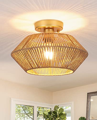 MRHYSWD Boho Deckenlampe Wohnzimmer Schlafzimmer Flur KüChe, 1-Flammige Rattan Deckenleuchte E27 Hängeleuchten & Pendelleuchten Bambus Kronleuchter Gold, Ohne GlüHbirne von MRHYSWD