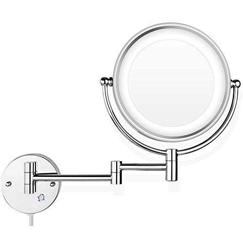 Wandmontage Zweiseitig Beleuchteter Kosmetikspiegel, 360° Horizontal Schwenkbar und Vertikal, Metall Verchromt 10-Fache Lupe + Gewöhnlicher Planspiegel, EU Plug von MRJ