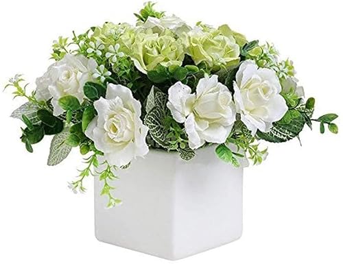 MRKU Künstliche Blume Rose Blumenarrangement Quadratische weiße Keramikvase für Schlafzimmer Wohnzimmer Gefälschte Pflanzen von MRKU