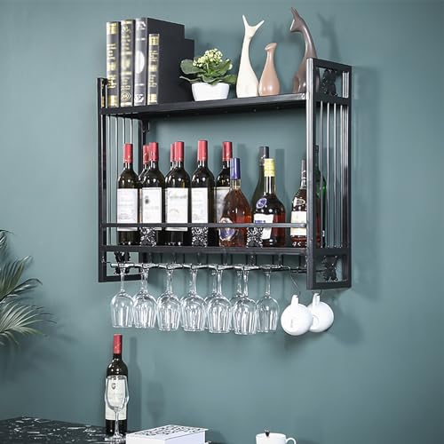 An der Wand montiertes Weinregal aus Metall, hängendes Weinflaschen- und Glasregal, 2-stufige Regale mit Stielglas-Gläserhalter, schwebende Regale, Weinpräsentationsregal für die Küche, das Wohnzimme von MRLILIN