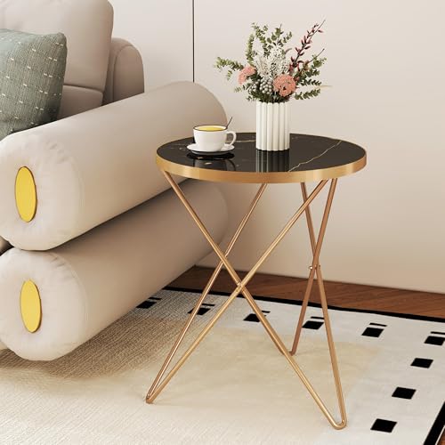 MROJISC Beistelltisch, Runder Couchtisch mit Marmoreffekt Tischplatte und goldenem Metallrahmen, Kleiner Sofatisch Schwarz Couchtische für Wohnzimmer, Schlafzimmer, Sofa und Couch von MROJISC