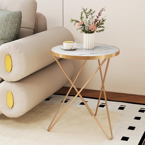 MROJISC Beistelltisch, runder Couchtisch mit Marmoreffekt Tischplatte und goldenem Metallrahmen, kleiner Sofatisch Weiß Couchtische für Wohnzimmer, Schlafzimmer, Sofa und Couch von MROJISC