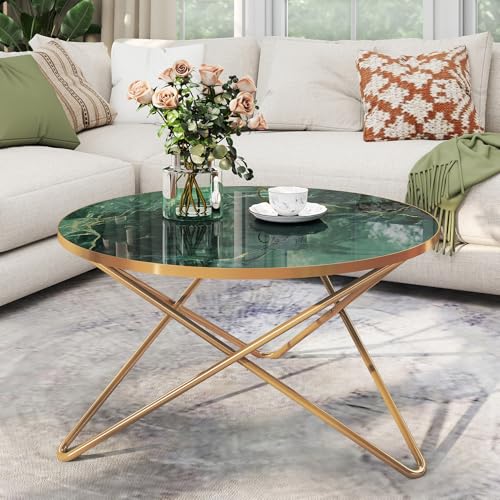 MROJISC Couchtisch, runder Couchtisch mit Marmoreffekt Tischplatte und goldenem Metallrahmen, Grüne Couchtische für Wohnzimmer, Schlafzimmer von MROJISC