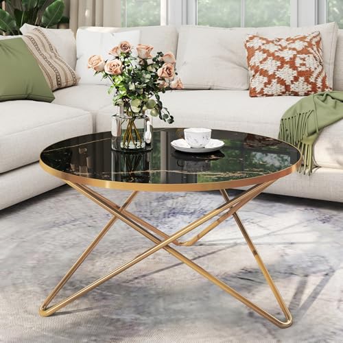 MROJISC Couchtisch, runder Couchtisch mit Marmoreffekt Tischplatte und goldenem Metallrahmen, schwarze Couchtische für Wohnzimmer, Schlafzimmer von MROJISC