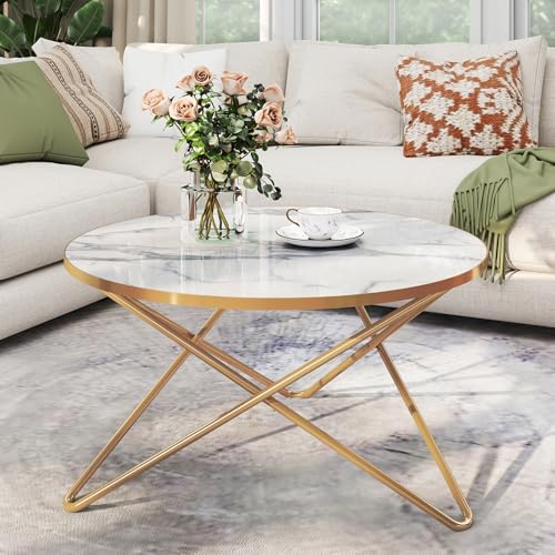 MROJISC Couchtisch, runder Couchtisch mit Marmoreffekt Tischplatte und goldenem Metallrahmen, weiße Couchtische für Wohnzimmer, Schlafzimmer von MROJISC