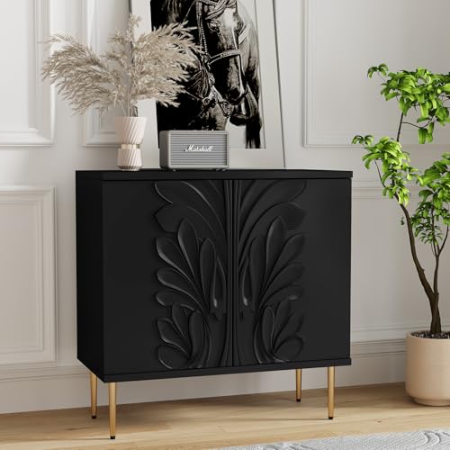 MROJISC Kommode, Buffets 3D-Blumenmuster Sideboard Schrank mit 2Tür Kommoden & Sideboards Für das Wohnzimmer Schlafzimmer-Schwarz von MROJISC