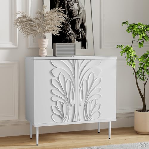 MROJISC Kommode, Buffets 3D-Blumenmuster Sideboard Schrank mit 2Tür Kommoden & Sideboards Für das Wohnzimmer Schlafzimmer-Weiß von MROJISC