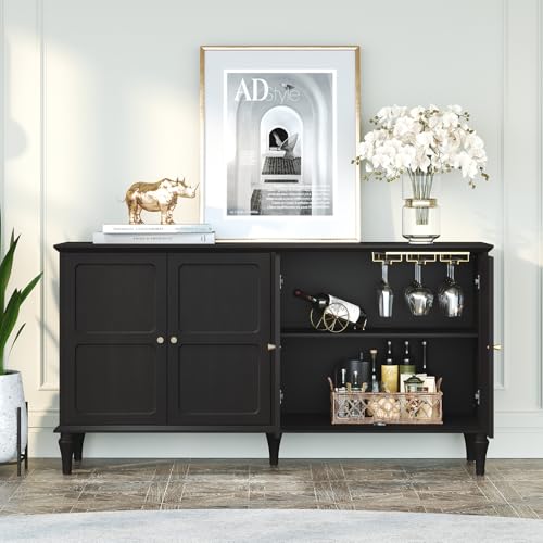 MROJISC Kommode Schwarz, Weinschrank mit Weinglasregalen, Sideboard Buffet Schrank mit 4 Türen, Mid-Century Holz Akzent Schrank Moderne Kommoden & Sideboards für Wohnzimmer, Esszimmer, Küche von MROJISC