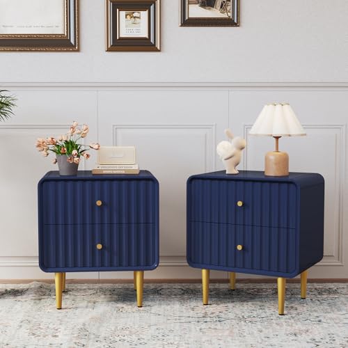 MROJISC Nachttisch 2er Set, Moderner Nachtschränkchen mit 2 Schubladen Geriffelter Nachttisch Blau, Holz Nachtschrank mit Goldenem Beine für Schlafzimmer, Wohnzimmer MROJISC Nachttisch 2er Set, Moderner Nachtschränkchen mit 2 Schubladen Geriffelter Nachttisch Blau, Holz Nachtschrank mit Goldenem Beine für Schlafzimmer, Wohnzimmer von MROJISC