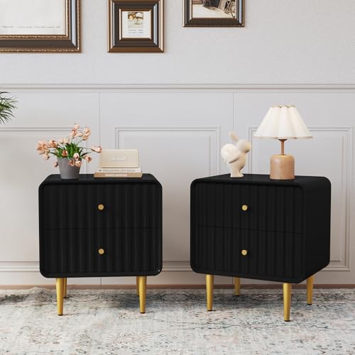 MROJISC Nachttisch 2er Set, Moderner Nachtschränkchen mit 2 Schubladen Geriffelter Nachttisch Schwarz, Holz Nachtschrank mit Goldenem Beine für Schlafzimmer, Wohnzimmer MROJISC Nachttisch 2er Set, Moderner Nachtschränkchen mit 2 Schubladen Geriffelter Nachttisch Schwarz, Holz Nachtschrank mit Goldenem Beine für Schlafzimmer, Wohnzimmer von MROJISC