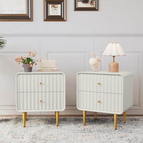 MROJISC Nachttisch 2er Set, Moderner Nachtschränkchen mit 2 Schubladen Geriffelter Nachttisch Weiß, Holz Nachtschrank mit Goldenem Beine für Schlafzimmer, Wohnzimmer MROJISC Nachttisch 2er Set, Moderner Nachtschränkchen mit 2 Schubladen Geriffelter Nachttisch Weiß, Holz Nachtschrank mit Goldenem Beine für Schlafzimmer, Wohnzimmer von MROJISC