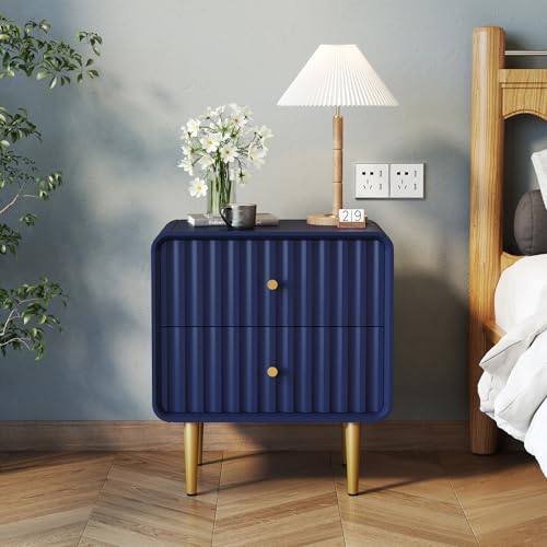 MROJISC Nachttisch Blau, Moderner Nachtschränkchen mit 2 Schubladen Geriffelter Nachttisch, Holz Nachtschrank mit Goldenem Beine für Schlafzimmer, Wohnzimmer von MROJISC