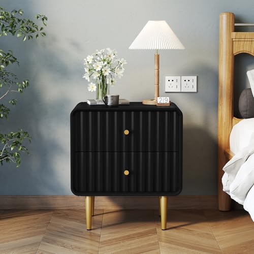 MROJISC Nachttisch Schwarz, Moderner Nachtschränkchen mit 2 Schubladen Geriffelter Nachttisch, Holz Nachtschrank mit Goldenem Beine für Schlafzimmer, Wohnzimmer von MROJISC