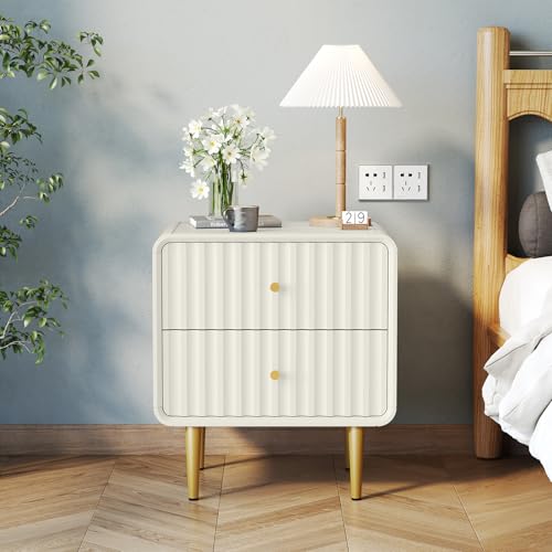 MROJISC Nachttisch Weiß, Moderner Nachtschränkchen mit 2 Schubladen Geriffelter Nachttisch, Holz Nachtschrank mit Goldenem Beine für Schlafzimmer, Wohnzimmer von MROJISC